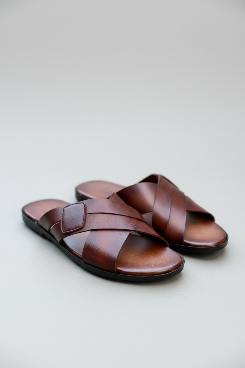 A pair of brown leather slide sandals with crisscross straps, held in a person's hand against a blurred green outdoor background.