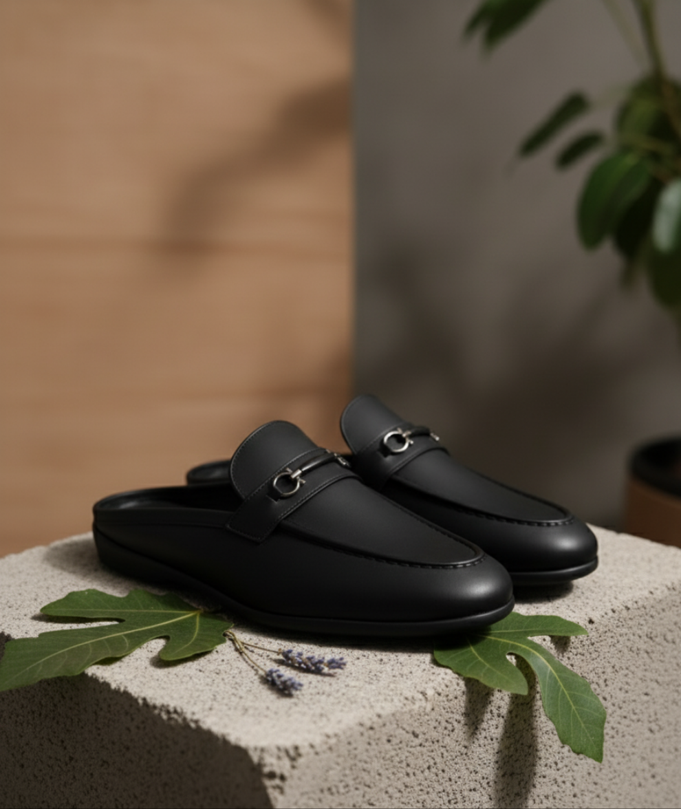 MIB PURE BLACK LEATHER MEDICATED HANDMADE MULE