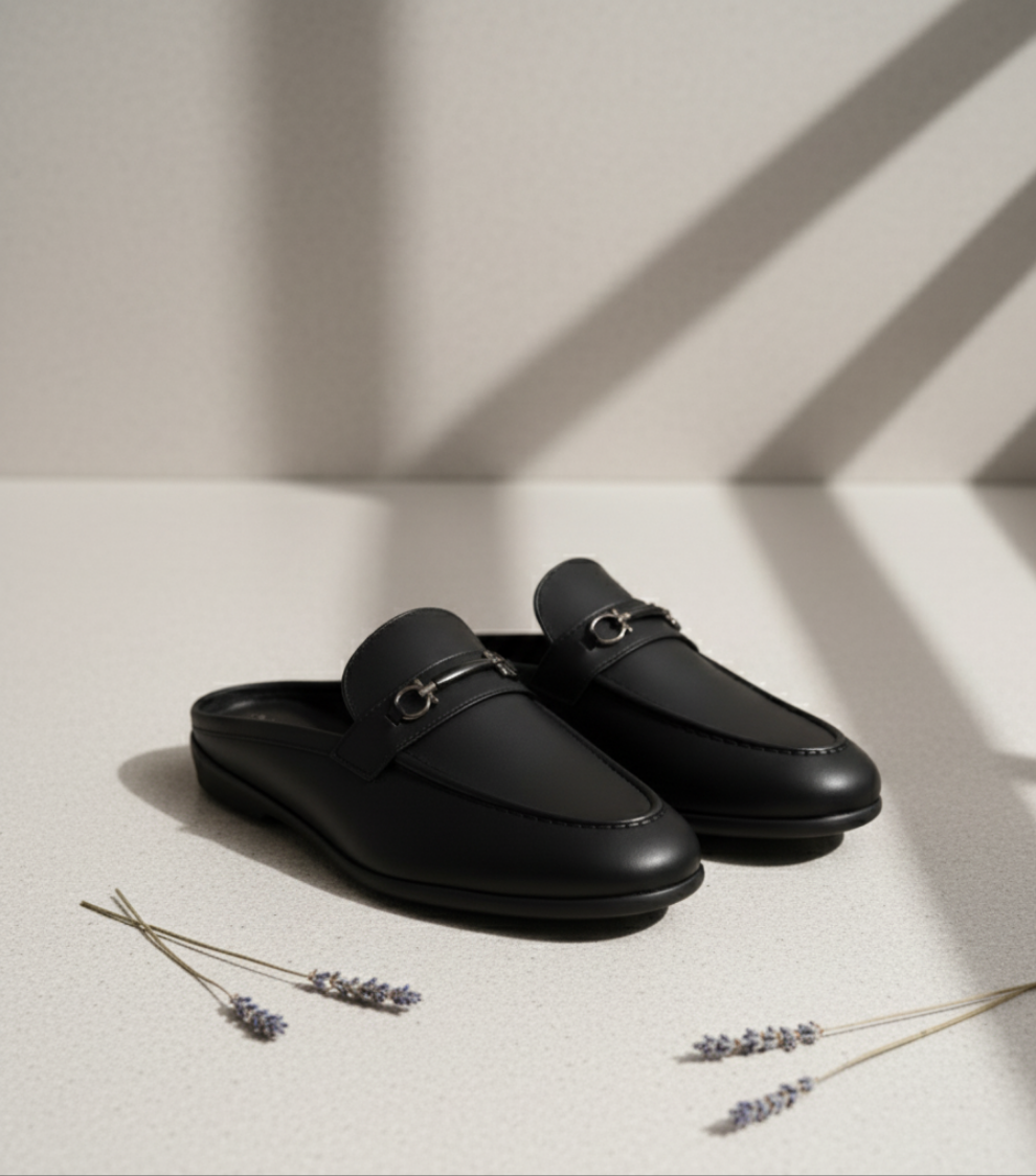 MIB PURE BLACK LEATHER MEDICATED HANDMADE MULE